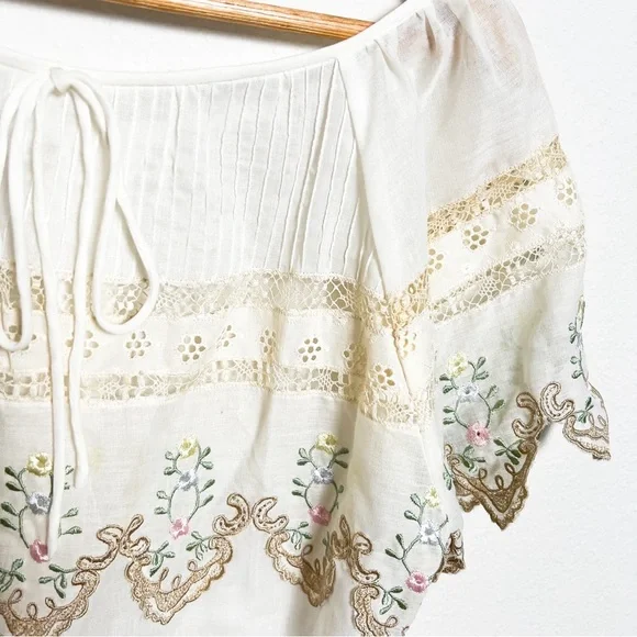 Vtg 70s floral embroidered scallop eyelet lace Oaxacan blouse top peasant boho - Picture 5 of 9